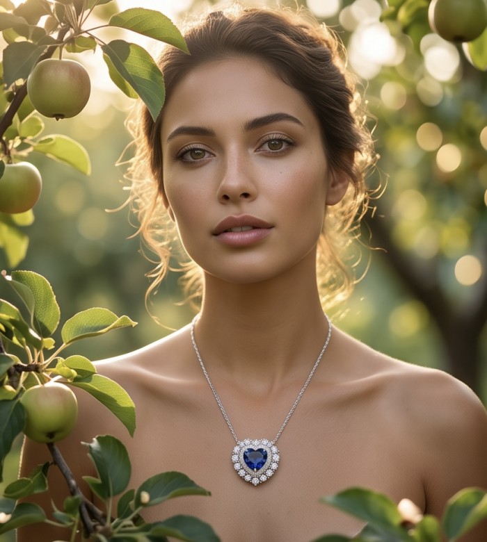 Titanic - Heart of The Ocean Necklace ~ 4.5 Ct Tanzanite Necklace In 925 Sterling Silver necklace - Woman wearing Titanic Heart of the Ocean necklace in garden setting