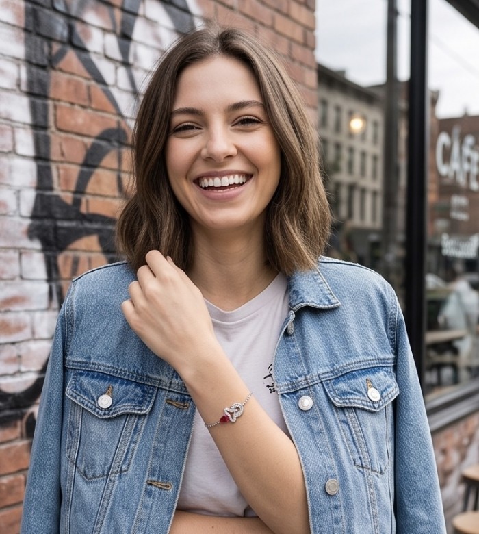 Giovanna - Magnificent Jewel 3.8 carat Ruby .925 Sterling Silver handcrafted incredible Statement Bracelet - Woman wearing Giovanna ruby bracelet, front view, denim jacket background.