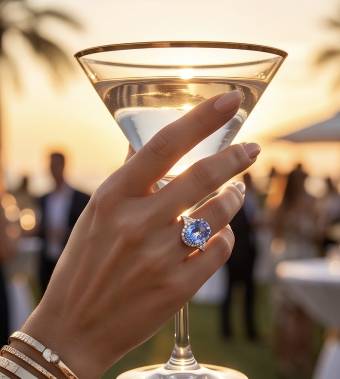 Born to Glam 8.2 carat natural Tanzanite .925 Sterling Silver dipped in rhodium Perfectly handcrafted Ring s. 7 - Tanzanite ring on hand holding a glass, sunset background.