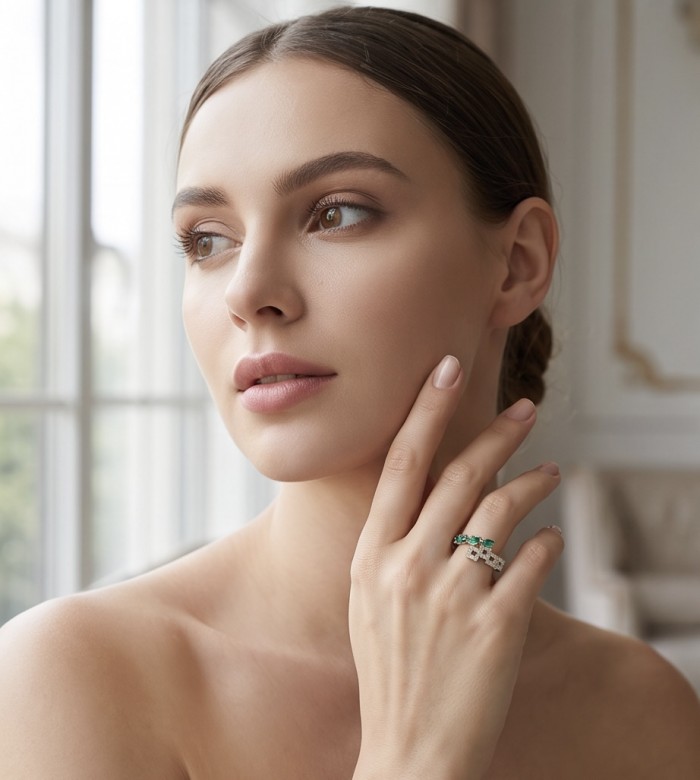 Vintage style - 2.9 carat authentic Emerald .925 Sterling Silver handcrafted Statement Ring s. 9 - Woman wearing vintage style emerald ring, side profile view.