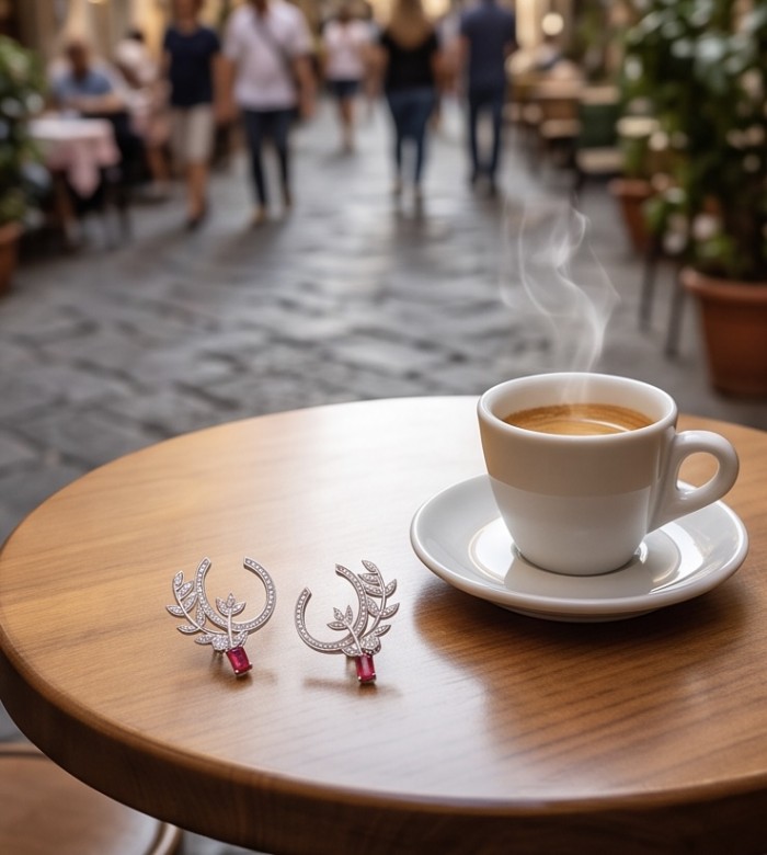 Giovanna - 2.5 carat Ruby .925 Sterling Silver handcrafted incredible earrings - Jewelry on cafe table with coffee cup, street view in background.