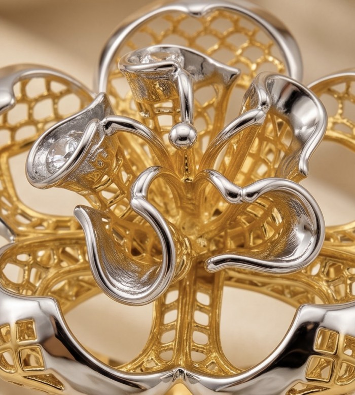 GOLDEN ROSE - Dubai Style - .925 Sterling Silver dipped in 22K Gold handmade Large ring size 6 1/4 - Close-up of GOLDEN ROSE, intricate silver and gold design.