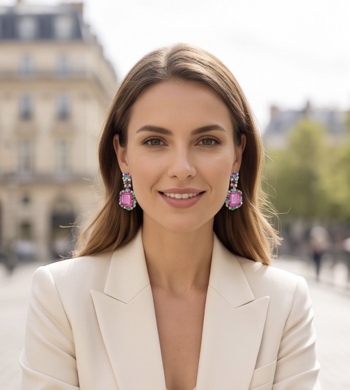 Large - Tiffany - authentic 41.5 carat Pink Sapphire rhodium over .925 Sterling Silver handcrafted Statement Earrings - Woman wearing large pink sapphire earrings, front view.