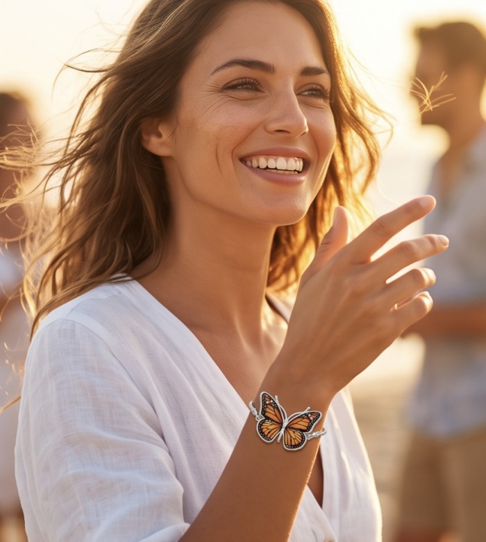 Golden Butterfly Genuine carved Baltic Amber rhodium over .925 Sterling Silver handamde Bracelet - Golden butterfly amber bracelet worn on wrist, smiling woman in background