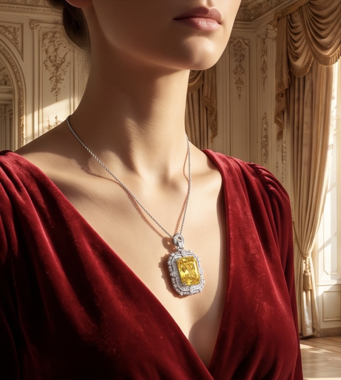 Art Deco - Baquette cut 35.5 carat YELLOW SAPPHIRE .925 Sterling Silver dipped in Rhodium handcrafted necklace - Yellow sapphire necklace worn on neck with red dress backdrop