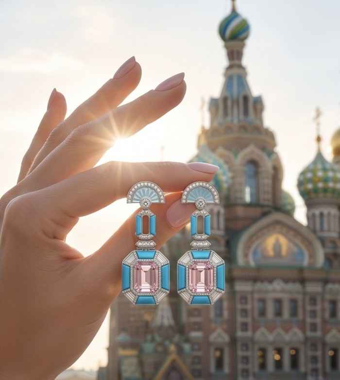 Emily - Art Deco - Precious genuine 12.2 carat Kunzite inlay Turquoise .925 Sterling Silver handcrafted earrings - Art Deco earrings with kunzite, held up in front of ornate building.