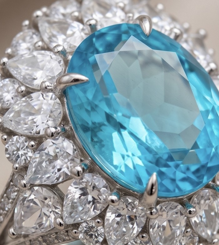 Gabriella 14.2 carat authentic Paraiba Tourmaline rhodium over .925 Sterling Silver handcrafted Statement Ring size 9 1/4 - Close-up of Gabriella Paraiba Tourmaline ring with diamond accents