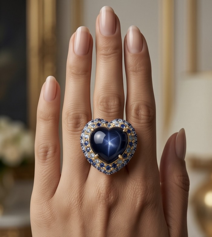 Blue Angel Heart Iconic design Genuine 20.5 carat Sapphire .925 Sterling Silver dipped in 22K Gold handcrafted Ring size 6 - Blue sapphire heart ring, worn on hand, showcasing 20.5 carat stone.