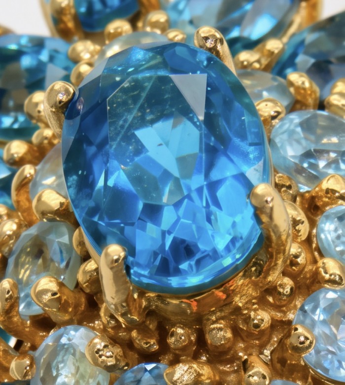 Oceania 10.9 carat authentic London Blue Topaz 22K Gold over .925 Sterling Silver Handcrafted Ring size 7 - Close-up of London Blue Topaz set in 22K gold.