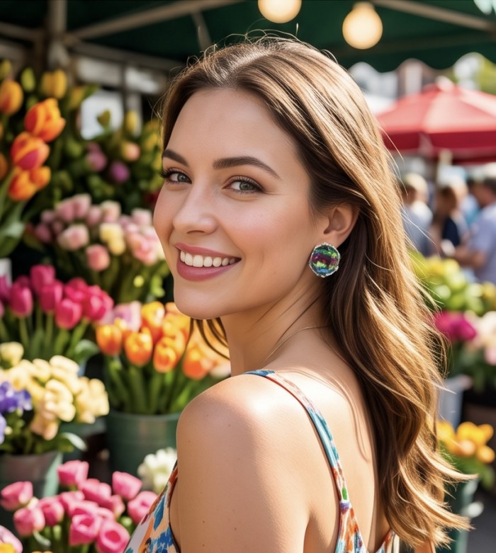 Luxurious authentic 11.2 carat Brazilian Tourmaline .925 Sterling Silver handcrafted earrings - Tourmaline earrings worn, side view with vibrant flower background