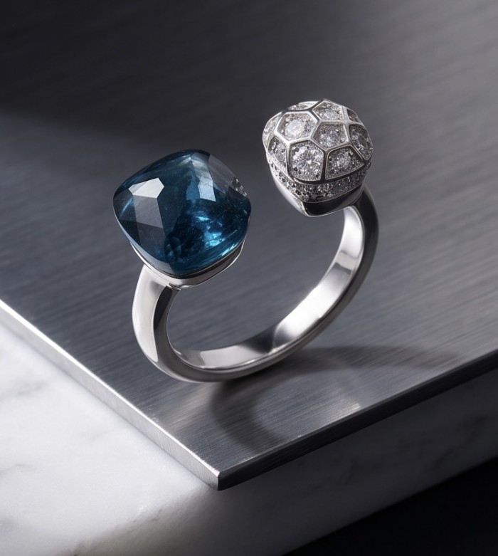 Atlantica fancy asscher cut 5.9 carat authentic Grandidierite rhodium over .925 Sterling Silver Handcrafted Ring size 6 - Side view of Atlantica ring with Grandidierite and diamond accents.