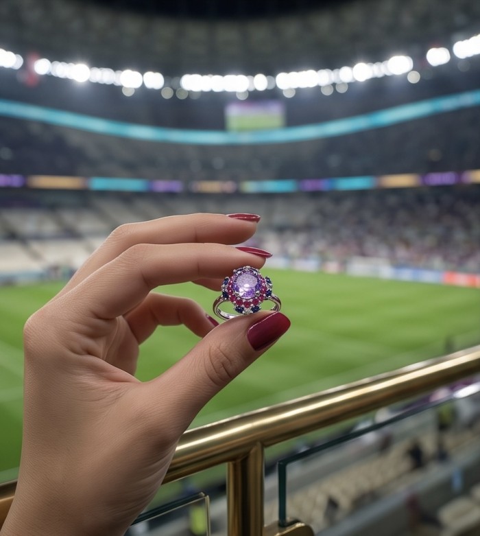 Stella 5.4 carat Amethyst rhodium over .925 Sterling Silver Handcrafted Ring size 8 - Amethyst ring close-up held in hand at a stadium.