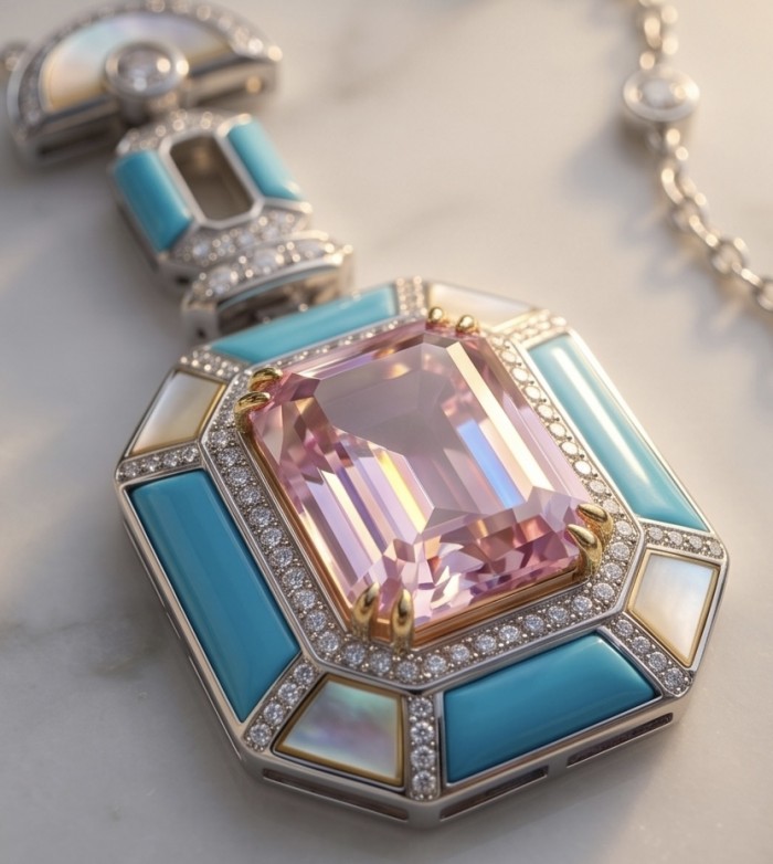 Emily - Art Deco - Precious genuine 8.4 carat Kunzite inlay Turquoise .925 Sterling Silver handcrafted necklace - Close-up of Art Deco pendant with 8.4 carat Kunzite and turquoise inlay.
