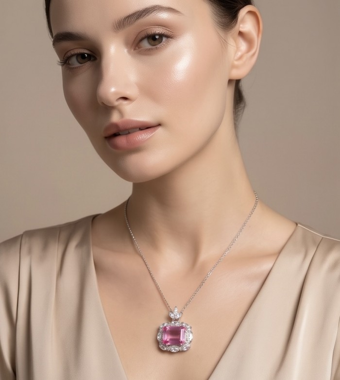 Vintage style boquette cut 12.8 carat Pink Sapphire .925 Sterling Silver DIPPED IN RHODIUM handmade Pendant - Model wearing vintage style pink sapphire necklace, front view.