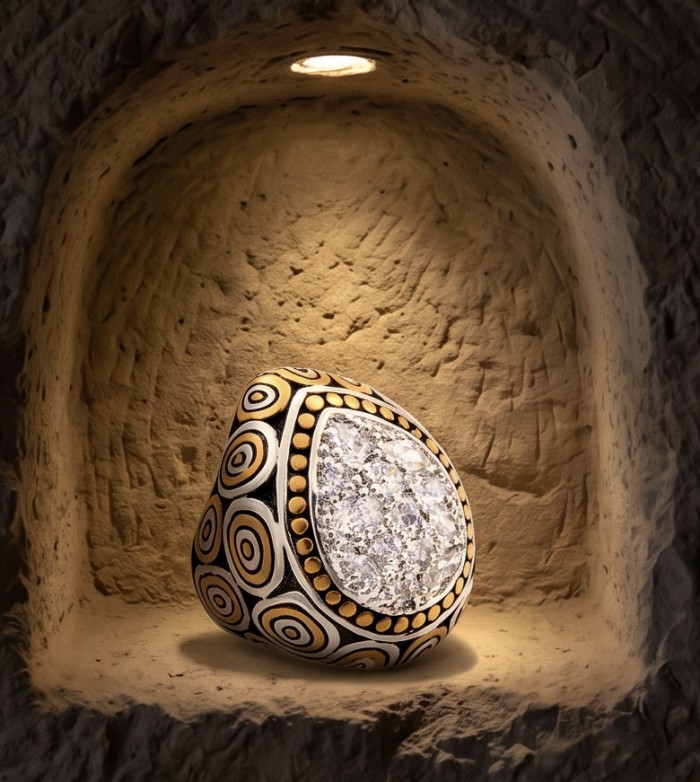Luxurious - 6.2 carat White Topaz two tones .925 Sterling Silver handcrafted ring size 8 - Sterling silver ring with 6.2 carat white topaz, front angle view.