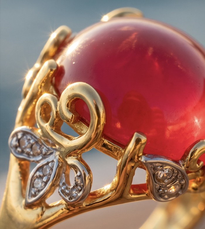 Emily 10.9 carat Mozambique Ruby .925 Sterling Silver dipped in 22K Gold handmade Statement Ring size 7 - Close-up of 10.9 carat Mozambique ruby with gold and diamond accents.