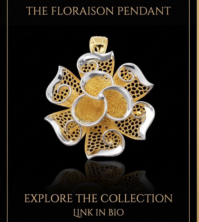 Dubai Style - Blooming Golden Rose .925 Sterling Silver dipped in 22K Gold handmade Pendant - Floraison pendant front view, gold and silver floral design.