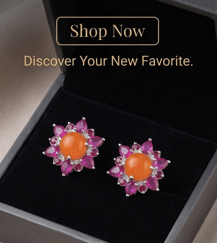 Beauty of nature Sublime Orange Carnelian RHODIUM OVER .925 Sterling Silver handmade earrings - Earrings in box, top view, orange carnelian with pink gemstone petals.