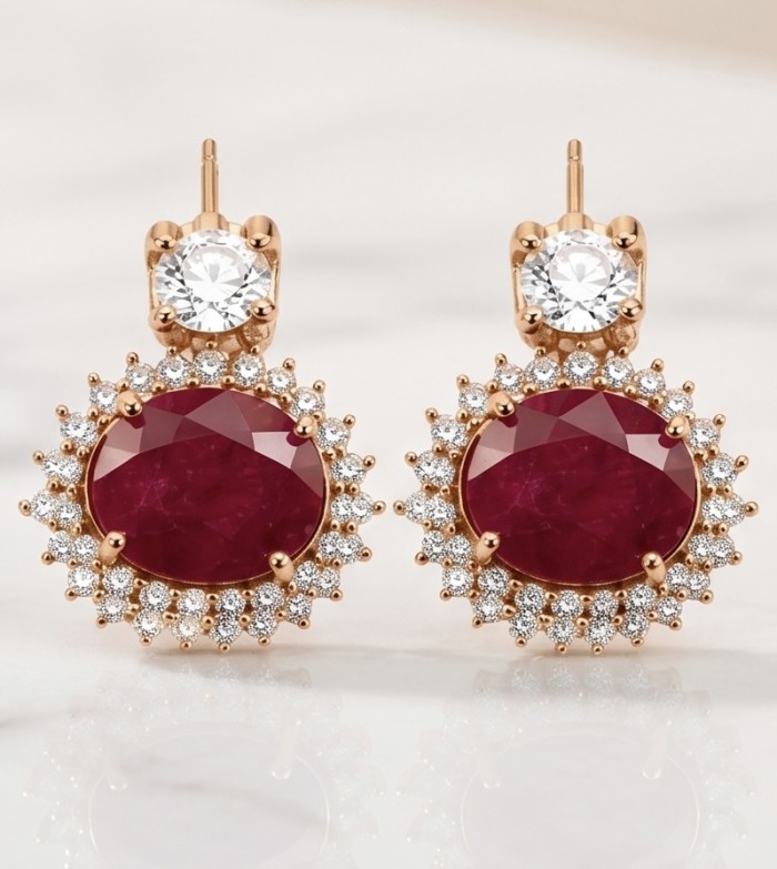 Exquisite 12.4 ctw Mozambique Ruby .925 Sterling Silver dipped in 22K Gold handcrafted Statement earrings - Elegant earrings with Mozambique ruby and silver, front view.