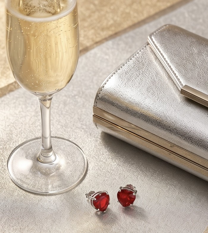 Red Hearts Topaz .925 Sterling Silver handcrafted earrings - Red Hearts Topaz earrings with champagne and silver clutch, top view.