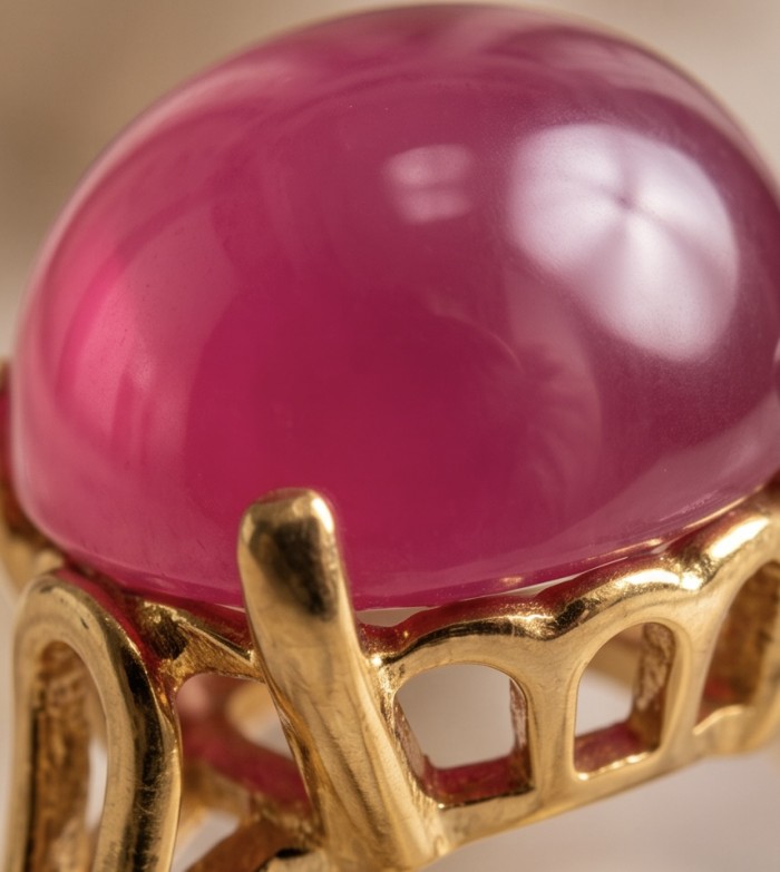 Giovanna 9.7 carat Kashmir Ruby .925 Sterling Silver dipped in 22K Gold handmade Statement Ring size 6 1/4 - Close-up of Giovanna 9.7 carat Kashmir Ruby in a gold setting.