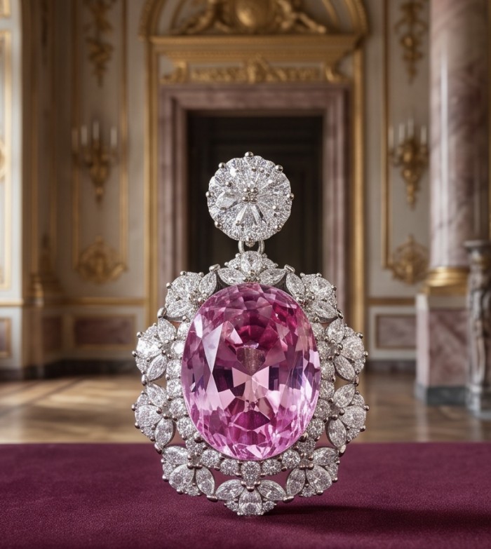Tiffany Incredible oval cut 20.4 carat Pink Sapphire .925 Sterling Silver handcrafted pendant - Close-up of Tiffany pink sapphire jewelry with diamond accents.
