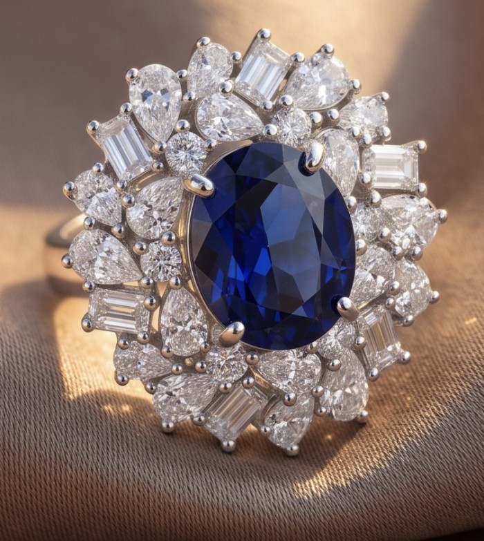 Authentic 5.5 carat Kyanite Moissanite .925 Sterling Silver handcrafted Ring size 5 1/4 - Close-up of a 5.5 carat kyanite moissanite ring in sterling silver.