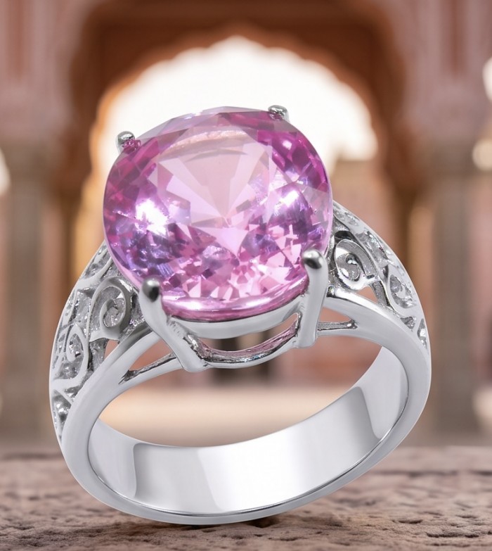 Anastasia 12.2 carat Pink Sapphire .925 Sterling Silver dipped in Rhodium Handcrafted Statement Ring size 8 - Pink sapphire ring close-up with intricate silver detailing