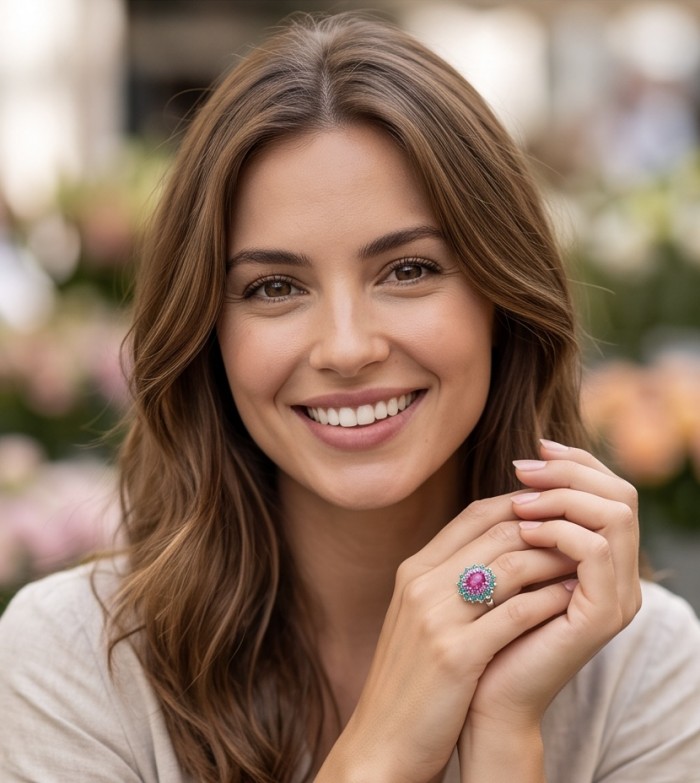Bella Rosa Genuine 5.5 CARAT Ruby Emerald rhodium over .925 Sterling Silver Statement Ring size 8 - Woman wearing Bella Rosa 5.5 carat ruby emerald ring on hand.