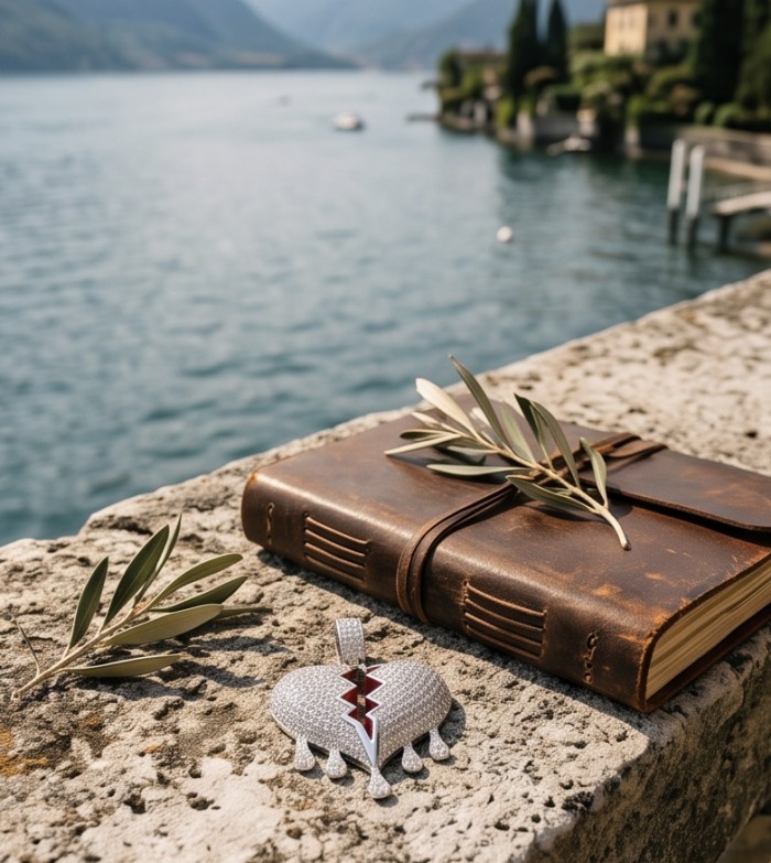 Melting Heart Luxurious 12.4 carat White Topaz .925 Sterling Silver handcrafted pendant - Melting Heart jewelry on stone with lake view, book, and olive branches.
