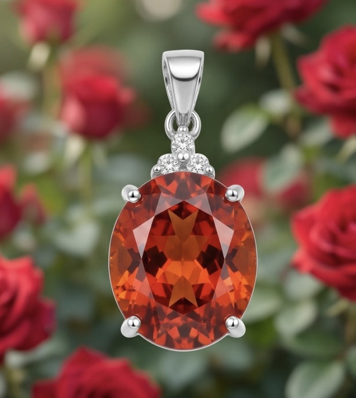 Genuine 10.8 carat Red Topaz rhodium over .925 Sterling Silver handcrafted Statement Pendant - Close-up of genuine 10.8 carat red topaz pendant on a floral background