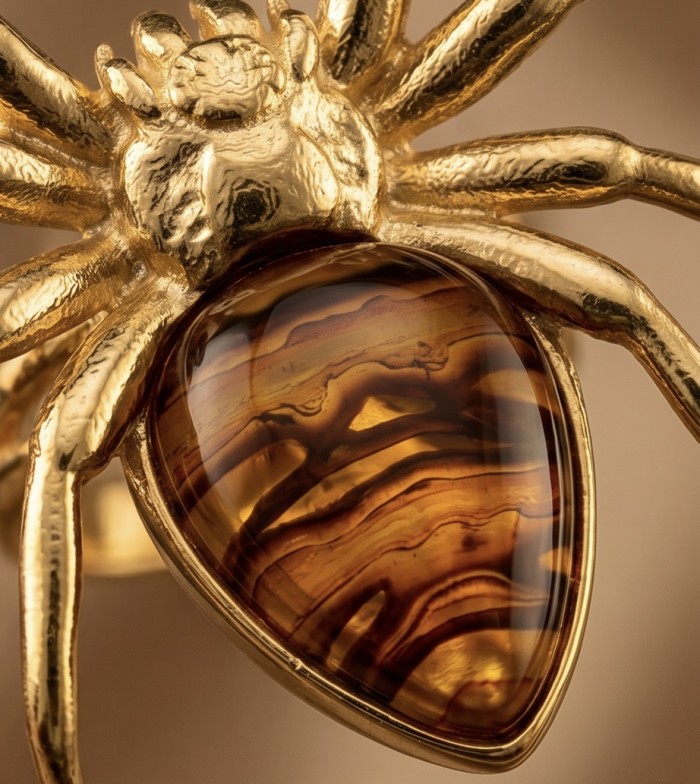 LARGE Golden Spider Authentic Baltic Amber .925 Sterling Silver dipped in 18K Gold handcrafted ring; s. 8 adjustable - Close-up of golden spider jewelry with amber stone.