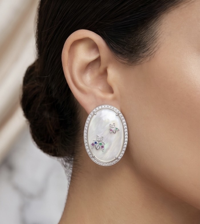 Genuine Blister Pearl lab grown Diamond rhodium over .925 Sterling Silver handcrafted Large Statement Earrings - Side view of Genuine Blister Pearl earrings with lab-grown diamonds.