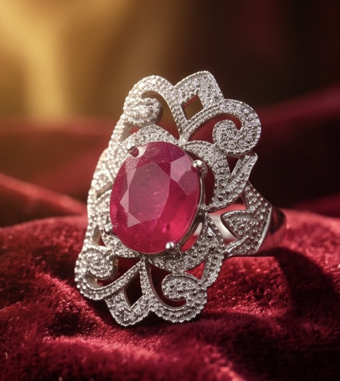 Bella Rosa Genuine 5.5 CARAT Ruby rhodium over .925 Sterling Silver Statement Ring size 6 1/4 - Close-up of Bella Rosa 5.5 carat ruby ring on velvet background.