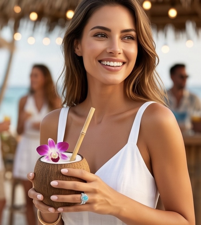 Elizabeth 4.2 carat Colombian Emerald .925 Sterling Silver dipped in Rhodium handcrafted Ring size 7 - Woman wearing emerald ring holding a coconut drink at a beach bar.