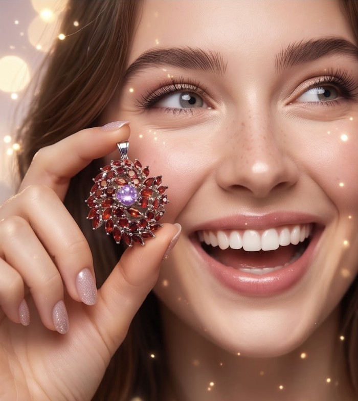Clementine - Precious 32.5 carat Multigem .925 Sterling Silver dipped in rhodium Pendant - Woman holding Clementine multigem pendant close-up, smiling.