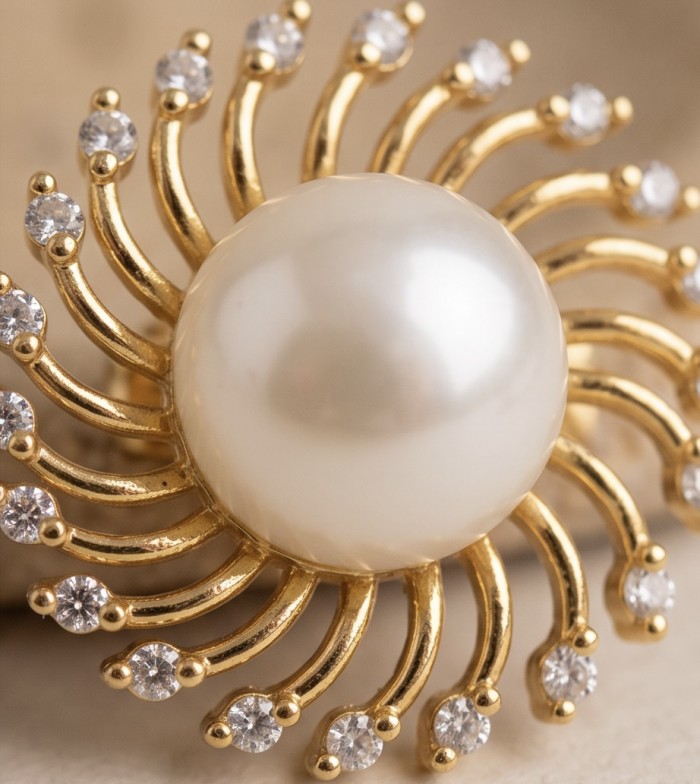 Genuine Pearl 18k Gold over .925 Sterling Silver handcrafted Statement Earrings - Close-up of pearl and crystal gold ring detail, 18k over sterling silver.