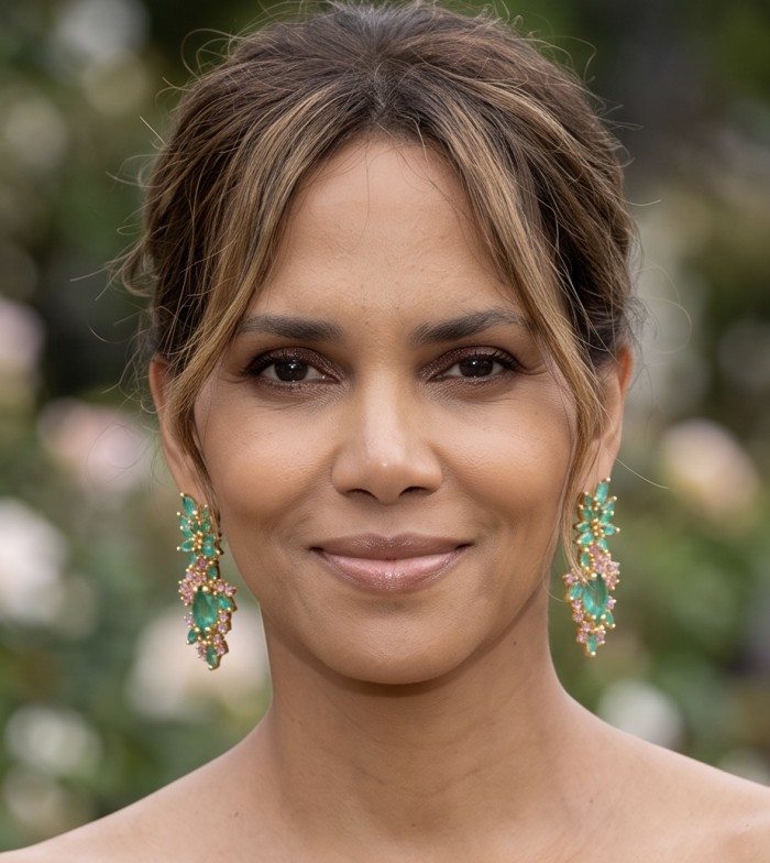Amazonia - 4.7 carat Colombian Emerald .925 Sterling Silver dipped in 18k Gold Handcrafted Statement earrings - Close-up of emerald earrings worn by a person.