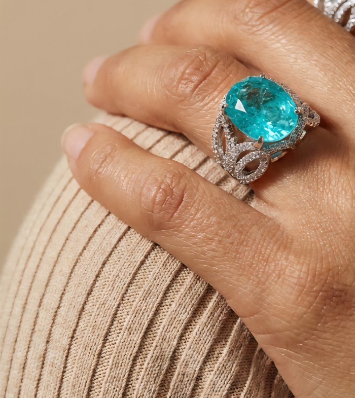 TIFFANY Authentic 28.2 carat Paraiba Tourmaline .925 Sterling Silver handcrafted Ring size 7 - photo 1