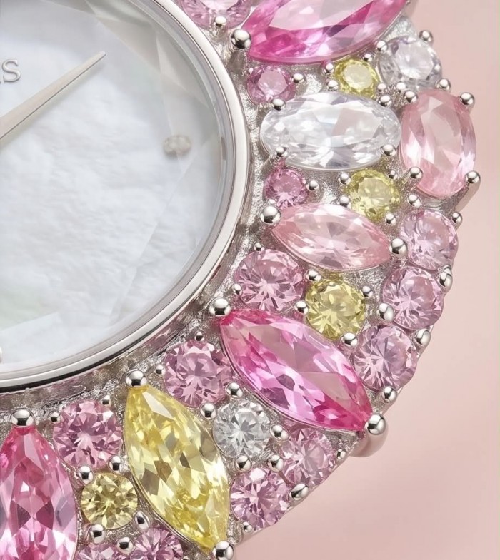 Precious 18.5 carat Authentic Pink Sapphire Genuine Leather strap .925 Sterling Silver handmade Watch - Stone close-up of jeweled watch with pink and yellow sapphires.