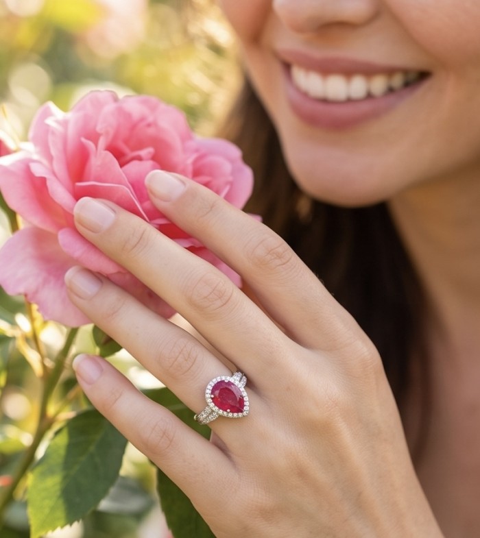 Bella Rosa Genuine 5.5 CARAT Ruby rhodium over .925 Sterling Silver Statement Ring size 8 - Ruby ring worn on hand near pink rose, close-up view.