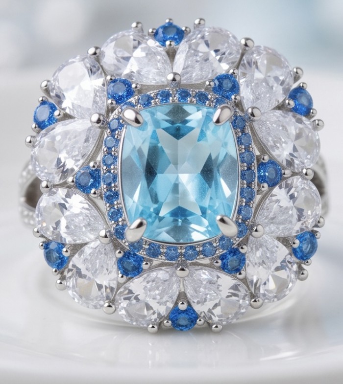 Paris Sky Blue 12.8 carat Swiss Blue Topaz .925 Sterling Silver dipped in rhodium handcrafted ring size 8 - Close-up of Paris Sky Blue Topaz ring with blue and clear stones