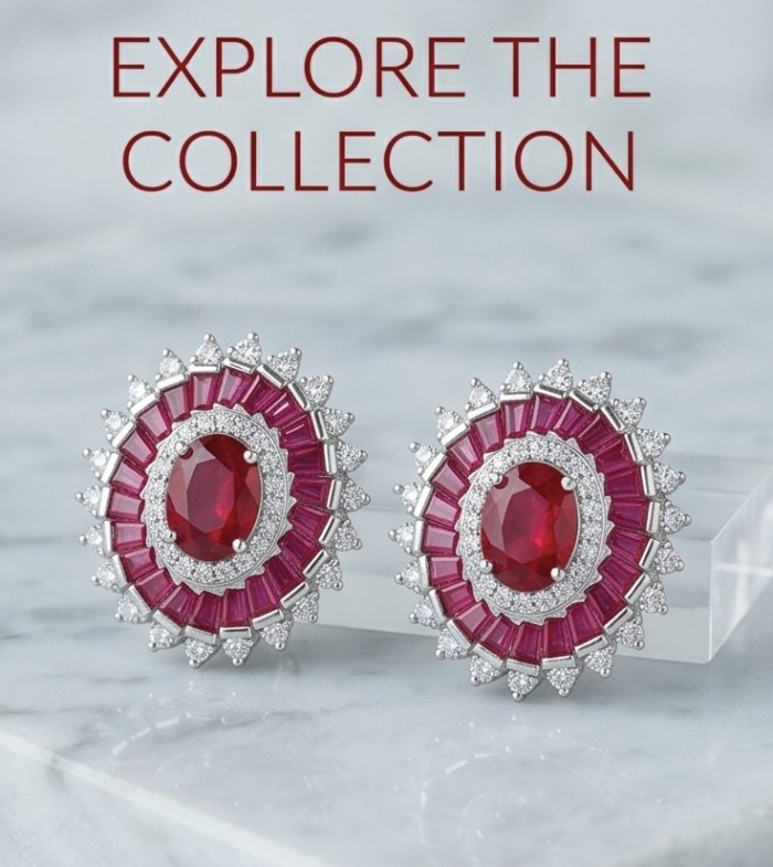 Art Deco - Genuine 3.8 carat Ruby rhodium over .925 Sterling Silver handcrafted Statement Earrings - Close-up of Art Deco ruby earrings on marble surface