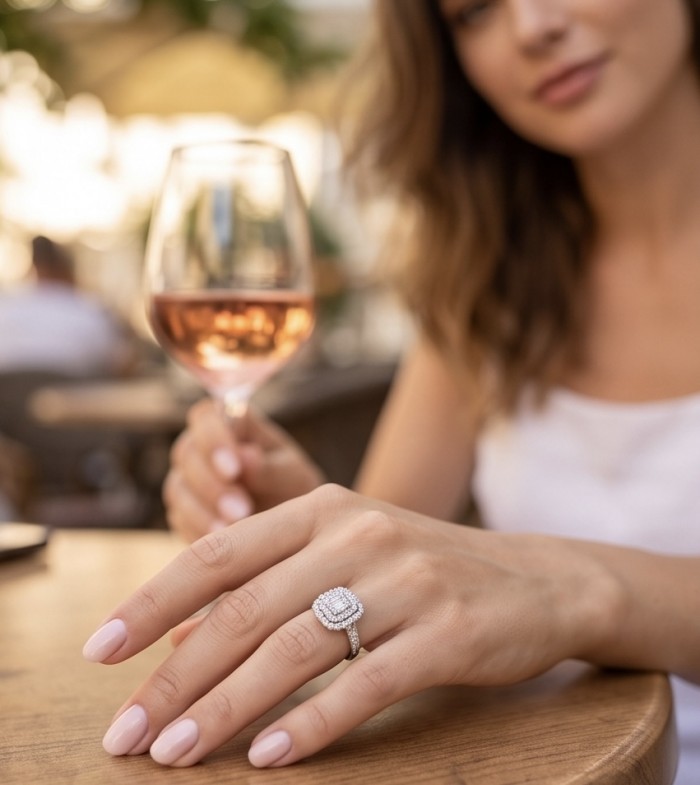 Art Deco Luxurious 6.5 carat White Topaz .925 Sterling Silver ring size 9 - Art Deco 6.5 carat white topaz ring worn on hand with wine glass.