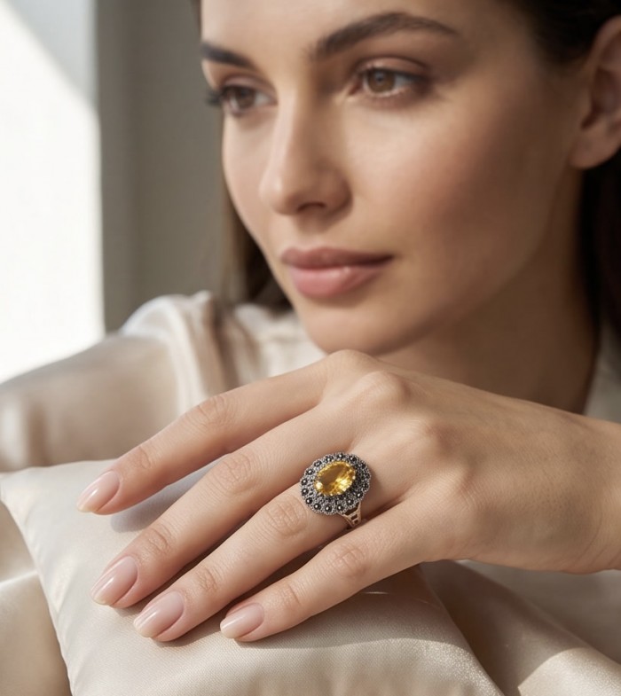 Costa del Sol 9.4 carat Lemon Quartz rhodium over .925 Sterling Silver handcrafted ring size 8 - Costa del Sol Lemon Quartz ring worn on hand, side view.