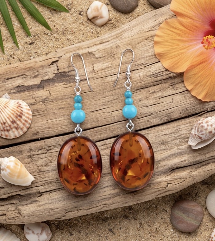 Golden Honey Drops authentic Baltic Amber Turquoise .925 Sterling Silver earrings - Earrings on driftwood with amber stones and turquoise beads, top view.