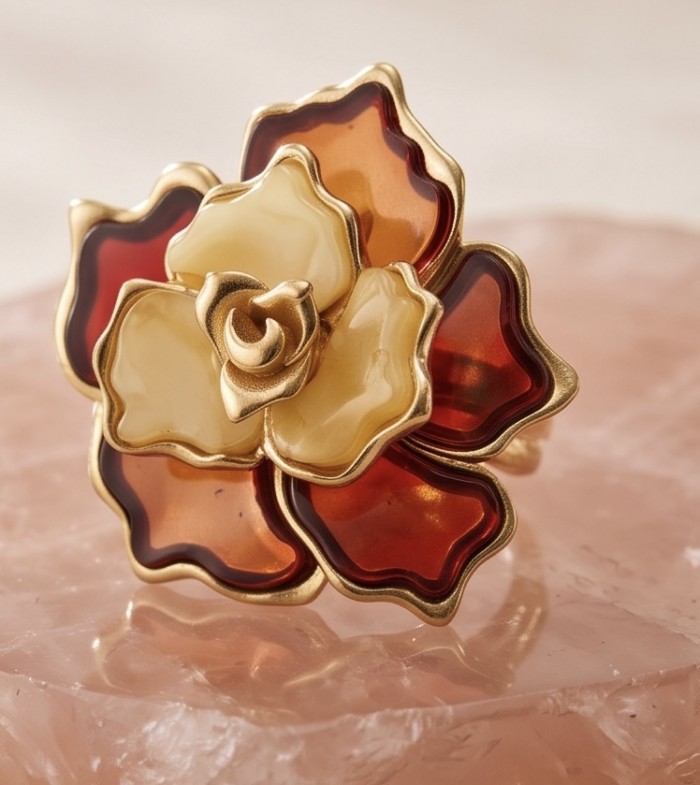 Golden Rose Natural Baltic Polish Amber .925 Sterling Silver dipped in 22K Gold handcrafted Large Statement Ring size 7 - Close-up of a golden rose ring with amber petals on a pink surface.