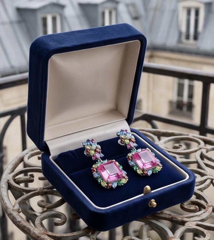 Large - Tiffany - authentic 41.5 carat Pink Sapphire rhodium over .925 Sterling Silver handcrafted Statement Earrings - Pink sapphire earrings in box on a balcony, angled front view.