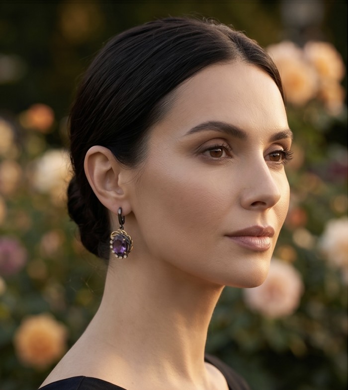 Elizabeth 25.5 carat Authentic Amethyst from Uruguay .925 Sterling Silver dipped in black rodium handcrafted Statement earrings - Side view of Elizabeth 25.5 carat Amethyst earrings worn