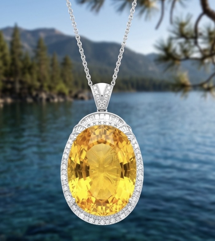 Tiffany - amazing quality 39.7 CARAT genuine Brazilian Lemon Quartz rhodium over .925 Sterling Silver handmade pendant - Close-up of a yellow gemstone pendant necklace with silver accents.
